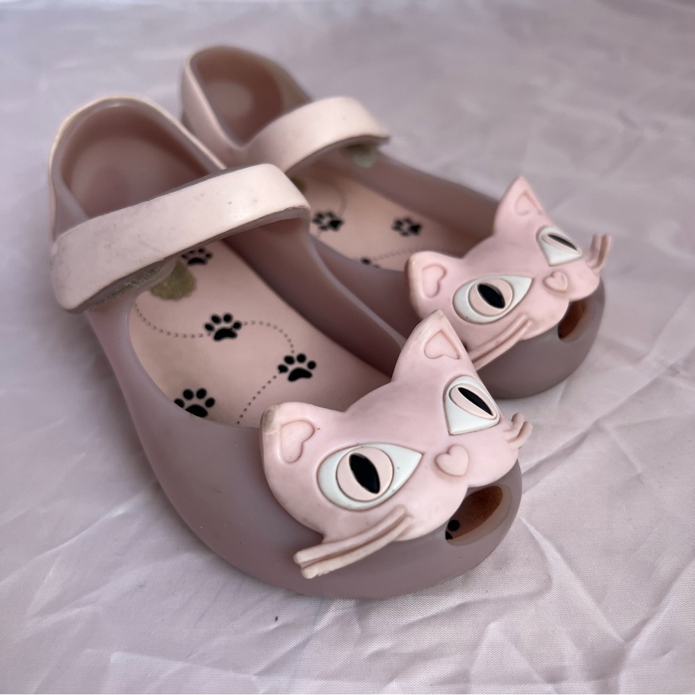 Mini Melissa Cat Mary Jane Jelly Shoes Pink Gray Toddler Size 8 Cute Kitten Flat